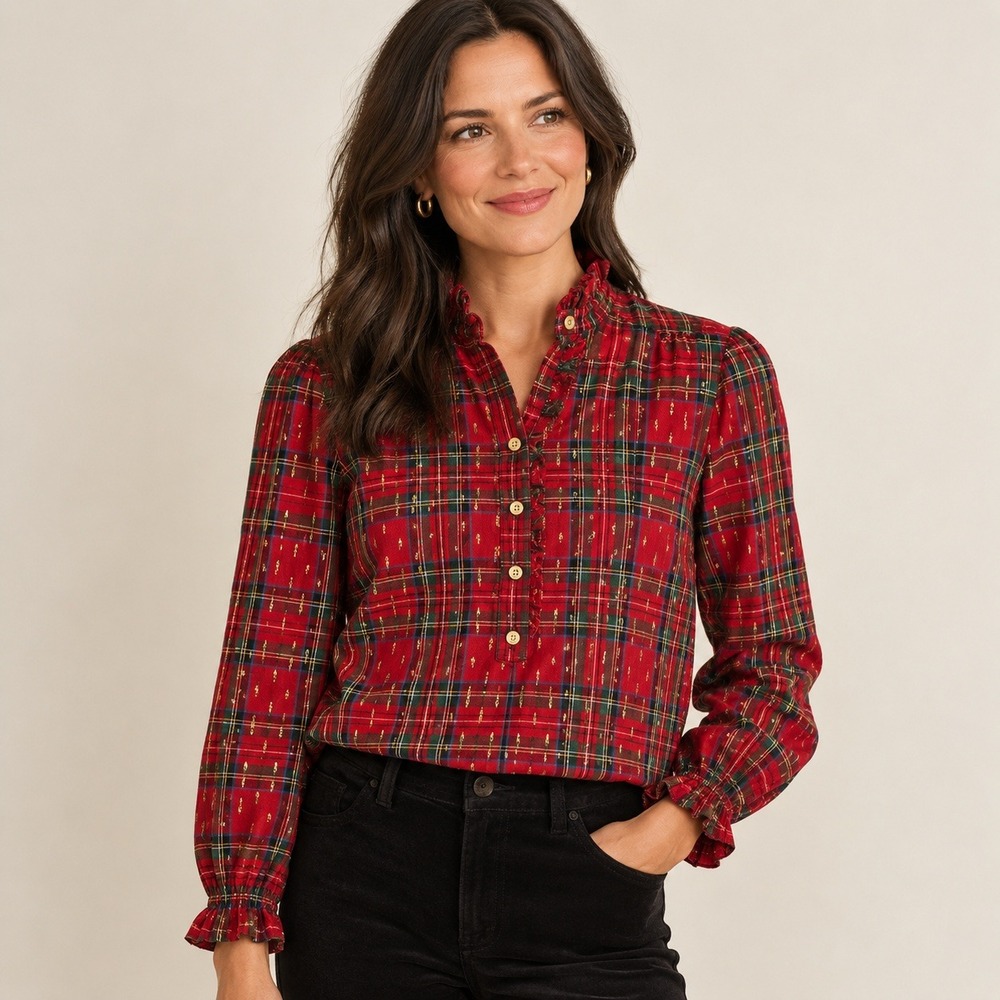 Talbots Plaid Christmas Party Blouse Women Med Red Gold Ruffle Holiday Party Top